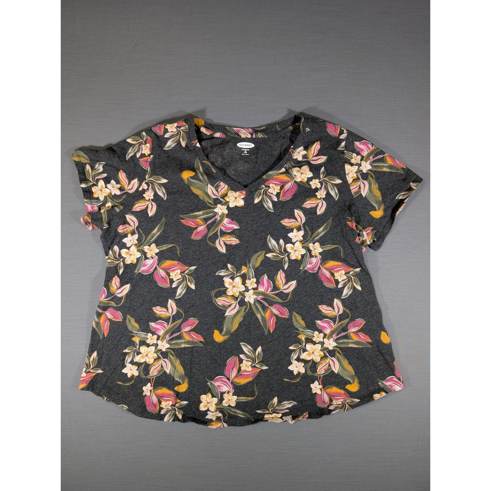 Old Navy EveryWear Floral V-Neck T-Shirt Gray Pink Tropical 1X Plus